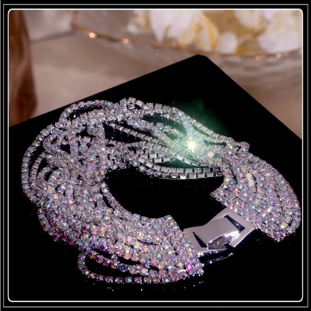 NEW 12 STRAND AURORA BOREALIS CRYSTAL LIQUID SILVER WIDE CUFF STYLE BRACELET